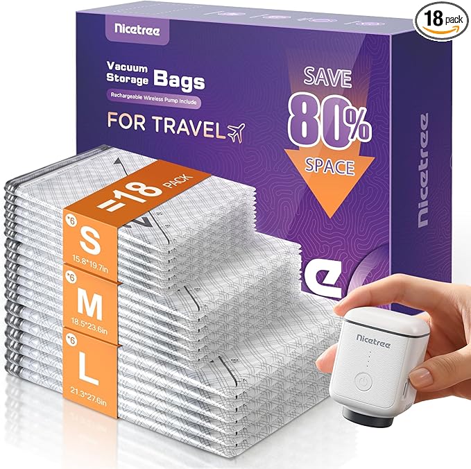 Nicetree 18-Pack Wireless Vacuum Seal Bags with Rechargeable Pump | 3 Sizes (20/24/28 Inch) Travel Vacuum Storage Bags for Clothing, Bedding & Seasonal Storage | Space Saver for Luggage