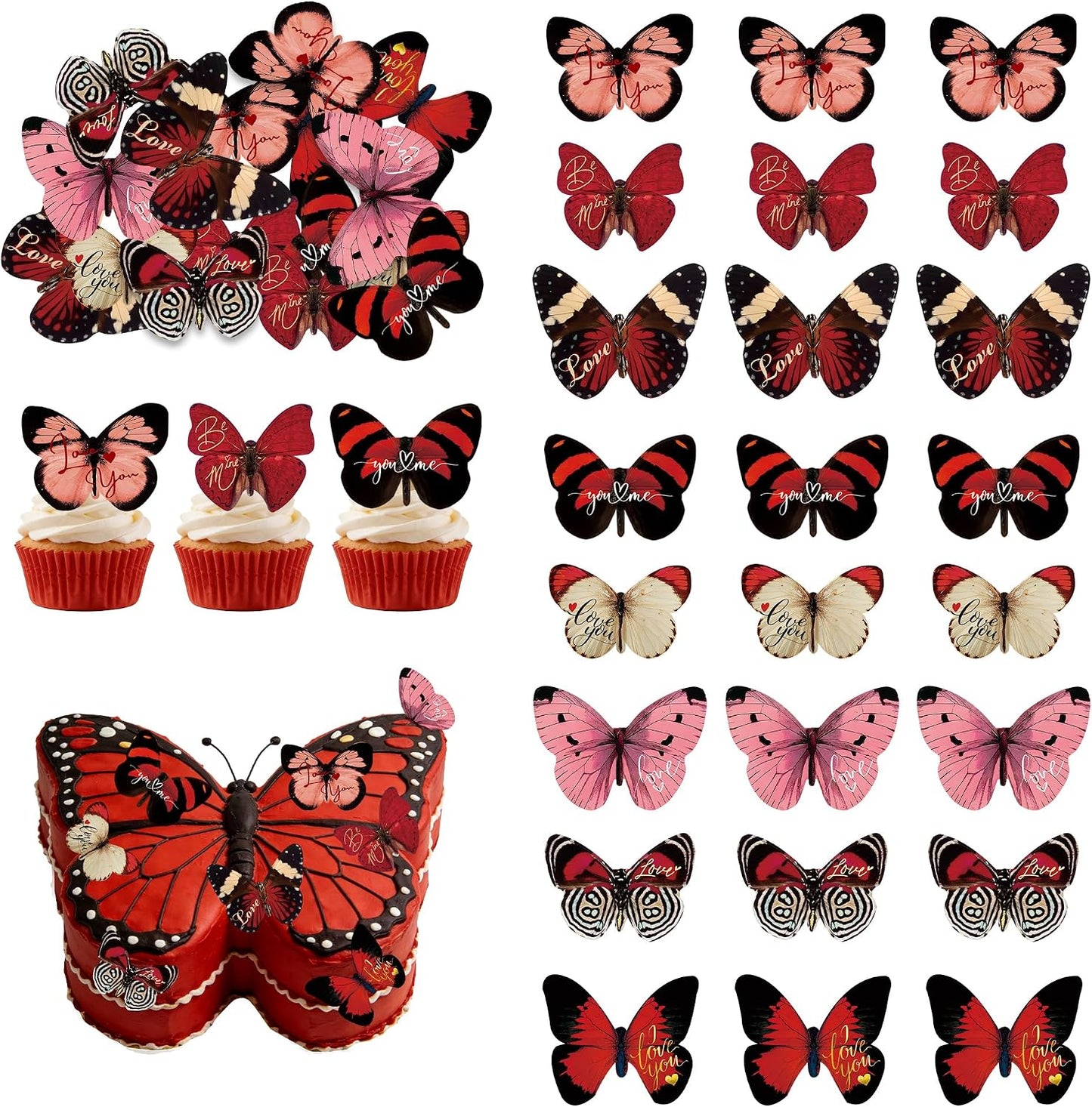 72Pcs Edible Edible Valentine’s Day Cupcake Toppers Butterflies Cupcake Picks Happy Valentine's Day Cake Decor for Valentine's Day Theme Party Decoration Supplies