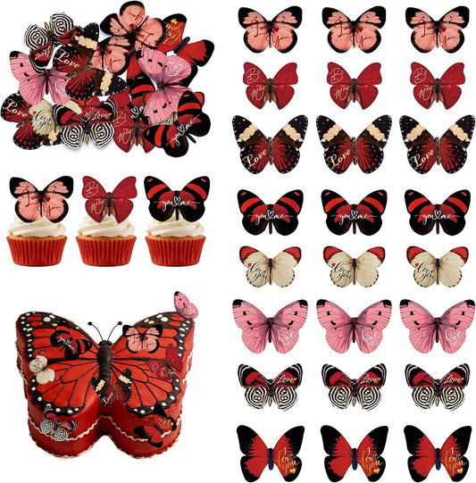 72Pcs Edible Edible Valentine’s Day Cupcake Toppers Butterflies Cupcake Picks Happy Valentine's Day Cake Decor for Valentine's Day Theme Party Decoration Supplies