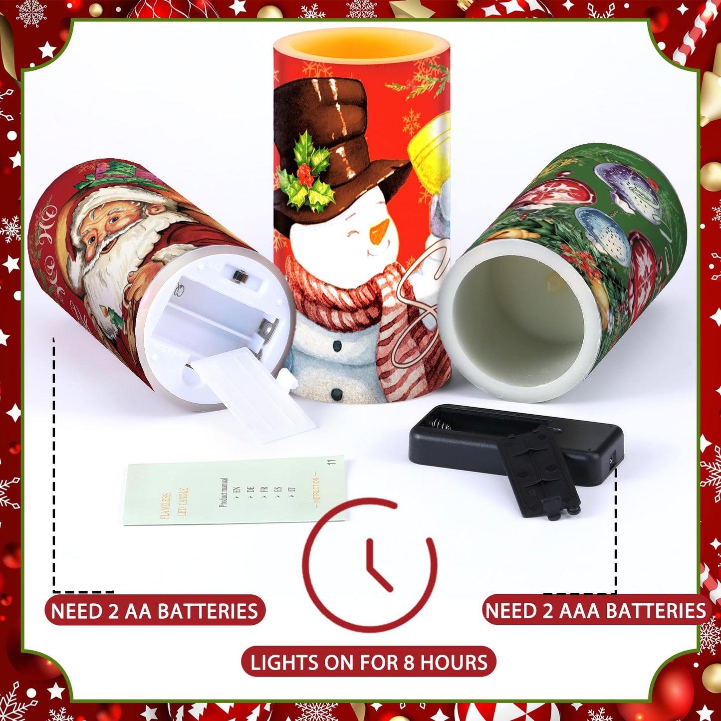 Retisee 3 Pcs Christmas Flameless Candles with Remote Timer Real Wax LED Flickering Pillar Candle White Cold Light Battery Operated for Home Window Xmas Gift Winter Holiday Decor(Red Green)
