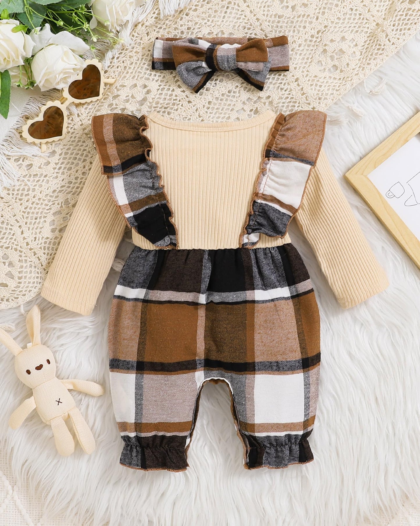 PaPaai Sara Baby Girl Clothes 6-9-12 Months Infant Girl Fall Outfits Newborn Romper Set 2PCS Ruffle Sleeve Floral Print Bodysuit+Headband Baby Gift for New Born Apricot