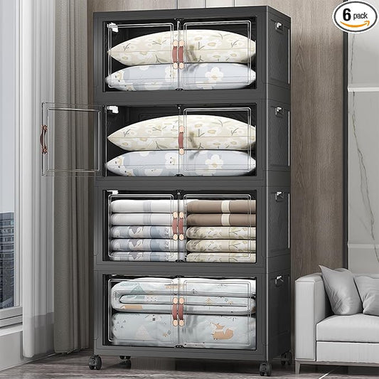 Extra Large Stackable Storage Bins with Lids & Wheels & Door,Foldable Collapsible Closet Organizers, Plastic containers drawers for bedroom Dorm (Dark-160qt, 4Pack with 1 top lid)