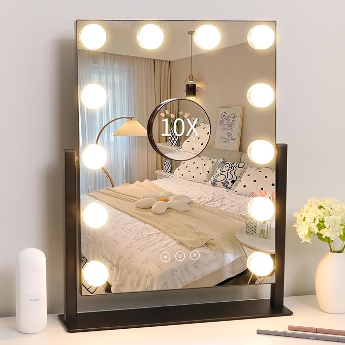 Vanity Mirror with Lights,Lighted Vanity Mirror with 12 Dimmable Bulbs for Dressing Room & Bedroom,3 Color Lighting,Modes Detachable 10x Magnification 360Â°Ratation