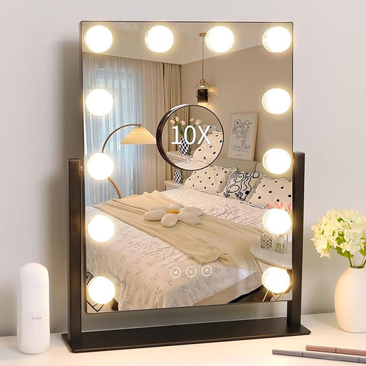 Vanity Mirror with Lights,Lighted Vanity Mirror with 12 Dimmable Bulbs for Dressing Room & Bedroom,3 Color Lighting,Modes Detachable 10x Magnification 360Â°Ratation