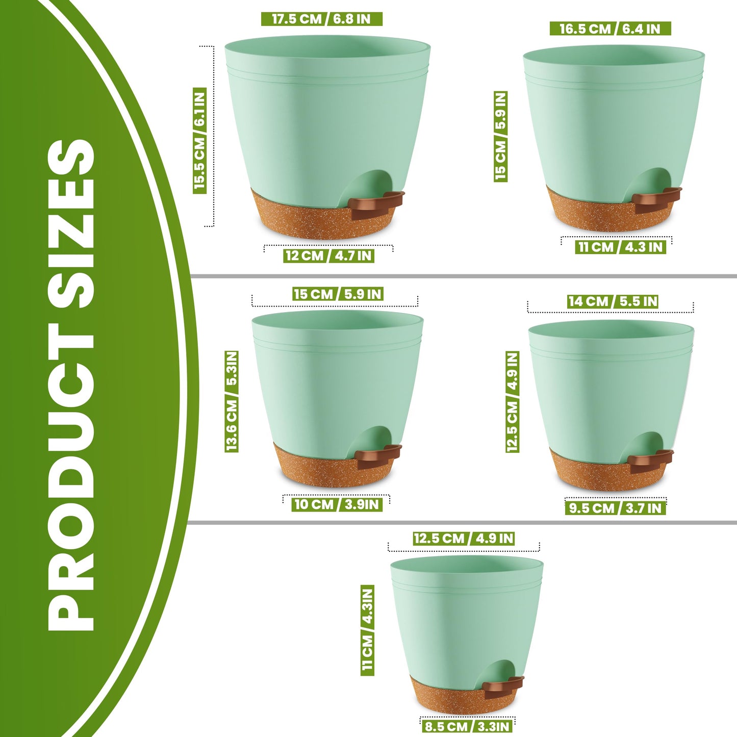 Utopia Home Self Watering Pots for Indoor Plants, Planters for Indoor Plants, Multi-Size Flowerpot, Set of 5 Plant Pots with Drainage & Reservoir, 6.8"/6.4""/5.9""/5.5""/4.9"" (Olive Green)"