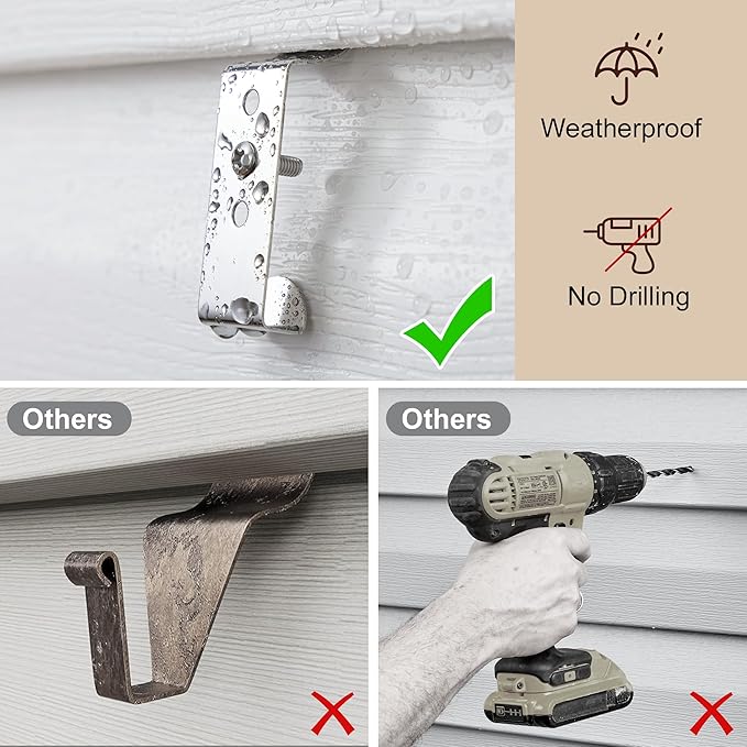 Antimbee Vinyl Siding Hooks, 8 Pack No Hole Siding Hooks Hanging Outdoor Camera Mount, No Tools Vinyl Clips Hangers for String Lights Wreaths Signs Plants, Damage-Free Weatherproof Stainless Steel