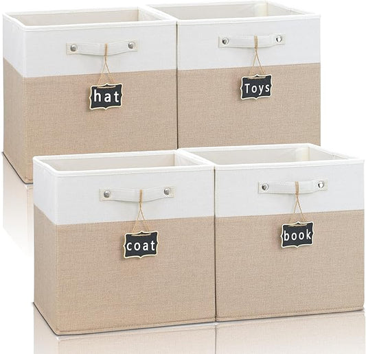 Foldable Fabric Storage Cubes with Labels, Linen Cube Storage Organizer Bins for Kallax Storage - Set of 4 (12 x 12) in White Khaki