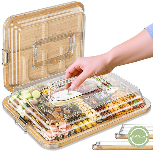 Charcuterie Boards with Foldable Lid, Portable Bamboo Cheese Board with 6 Compartments, Clear Locking Lid and Handle, Easy to Store, Suitable for Picnics, Camping, Parties & Housewarming Gifts