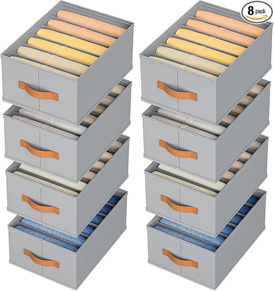 DIMJ Large Wardrobe Clothes Organizer - 8 Packs Fabric Closet Storage Organizer with Handles, Foldable Closet Organizers Dividers for Clothing Jeans Pants Sweater T-shirt