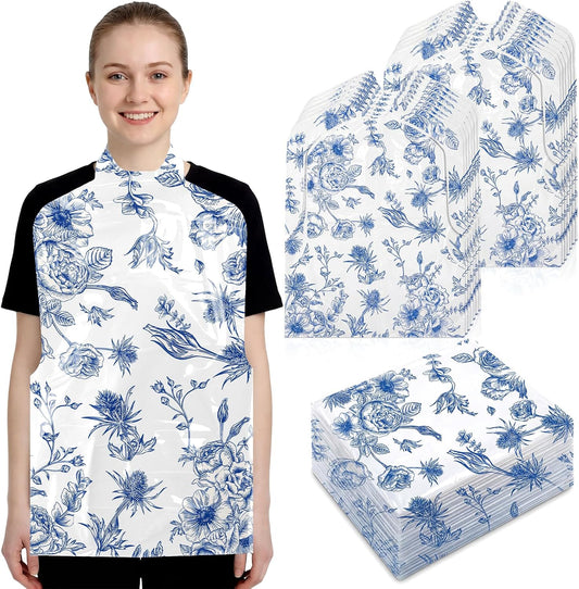 Unittype Disposable Adults Bibs 25/50/100 Pcs Blue Floral Plastic Bib Dining Clothing Protectors for Elderly Eating