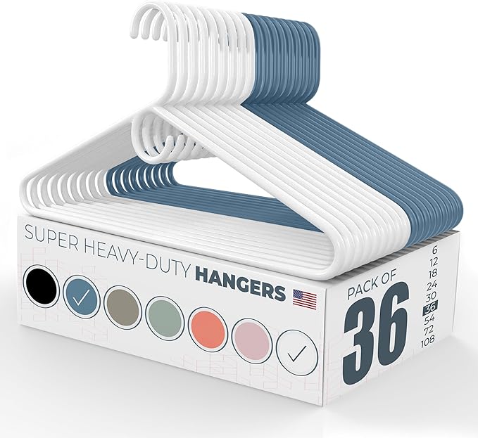Neaties Super Heavy Duty Clothes Hangers 36 Pack â Made in The USA - 10lb Capacity, Thick Plastic Hangers for Pants, Coats, Jackets, Jeans and Adult Clothing â White & Blue