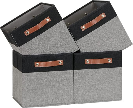 Temary 11 x 11 Cube Storage Bins Fabric Storage Cubes for Shelf, Closet, 4 Pack Cube Basket for Clothes, Storage Cube Bins with Leather Handles(Black&Grey)