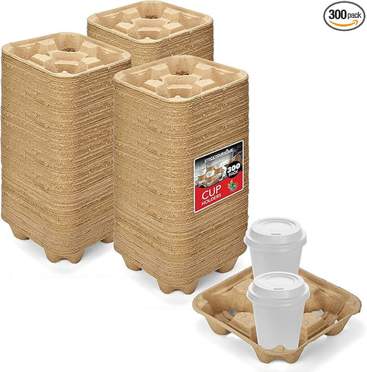 4 Cup Disposable Coffee Tray (300 Count), Commercially Compostable Cup Holder, Durable Drink Carrier for Hot or Cold Drinks, to Go Coffee Cup Holder for Food Delivery Service