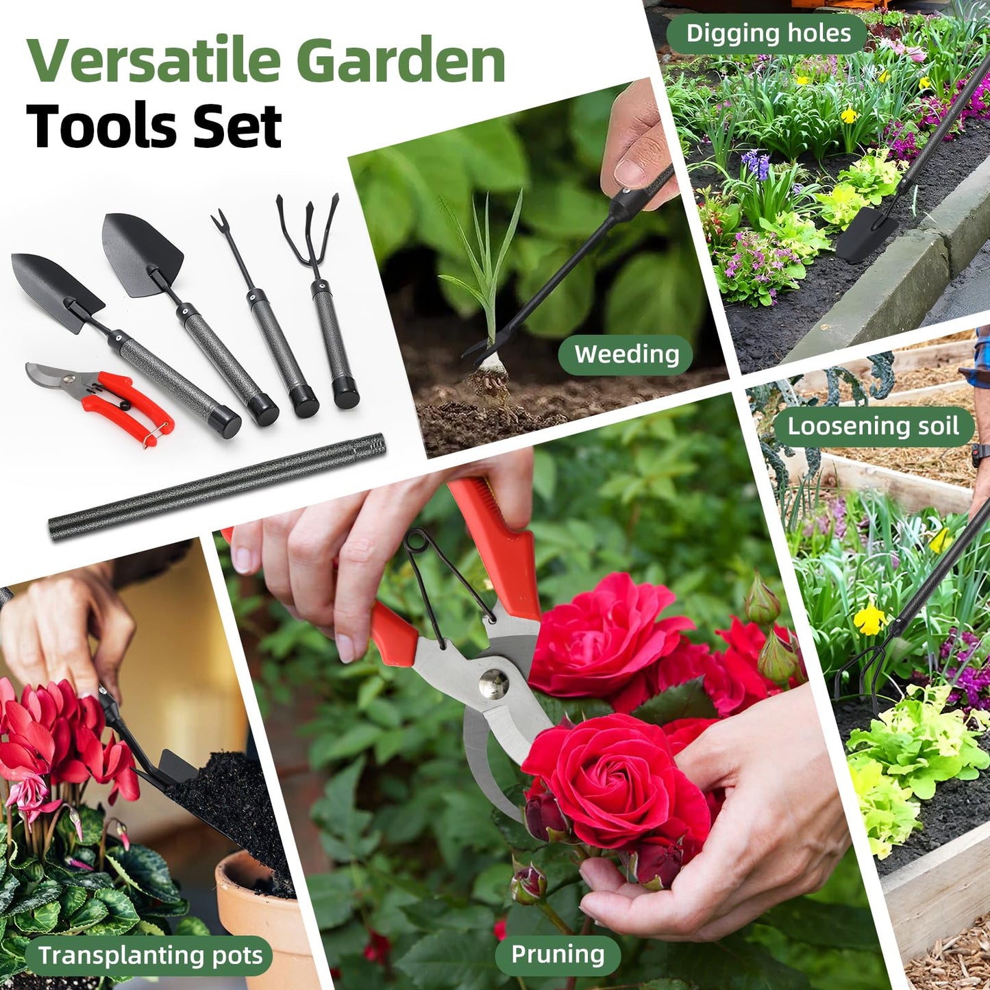 Garden Tool Set, 5Pcs Garden Tools with Extensions, Heavy Duty Rustproof Metal Gardening Tool Shovel Weeder Tiller Pruning Shear Gardening Supplies Garden Gifts for Women Kids