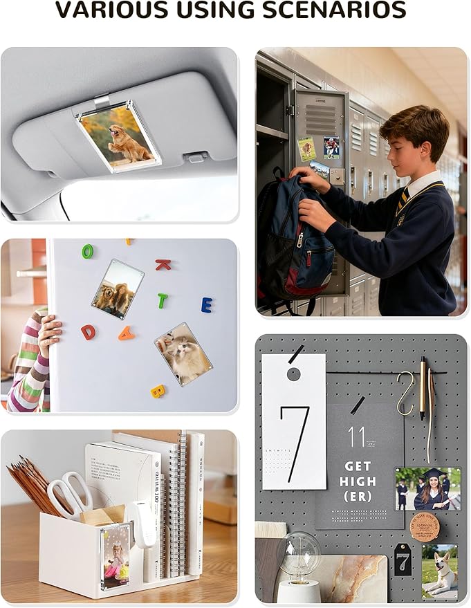 4 Pack Car Picture Holder, Clear Acrylic Magnetic Car Photo Holder, Horizontal & Vertical Photo Car Visor Photo Clip, Personalized Car Picture Frame, Suitable for Adding Family, Personal or Pets Photos