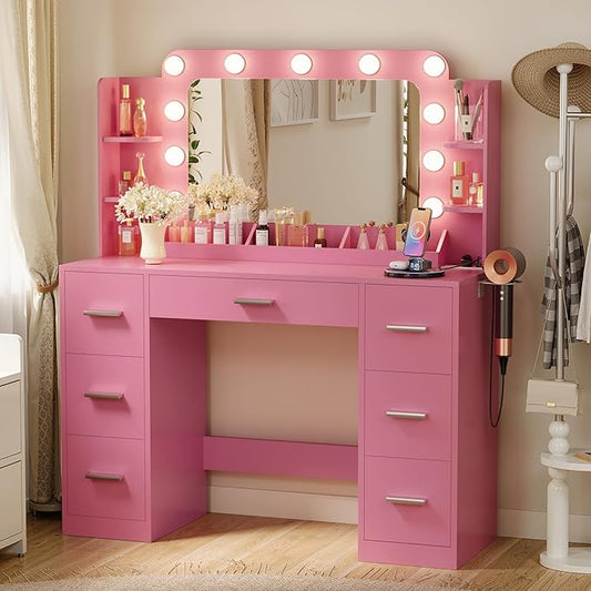 Furmax Vanity Desk with Hollywood Style Mirror with LED Lights, Makeup Table Vanity with 2 AC Outlets and1 USBï¼1 Type-C Port, Adjustable Lighting, Modern Ample Storage Drawers Dressing Table (Pink)