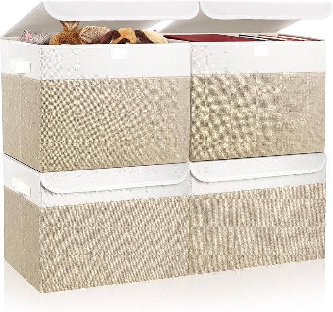 Large 22 Quart Linen Fabric Foldable Storage Bin Cube Organizer Basket with Flip-Top Lid & Handles, Clothes Blanket Box for Home, Office, Closet, Beige & White, 4 Pack 14.6 x 9.5 x 9.5â