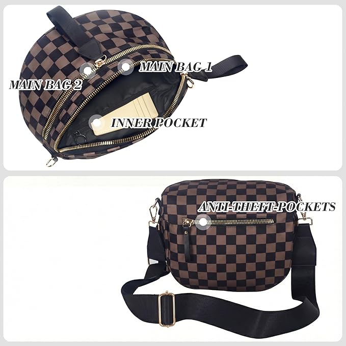 Checkered Crossbody Bag for Women, Spacious Sling & Stylish Bum Bag for Travel, Concerts, Festival, Nylon Fanny Pack Belt Bag (Brown Black Checkered)