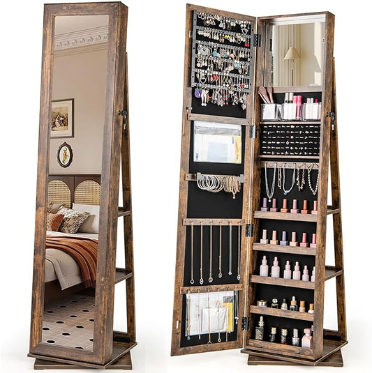 CHARMAID 3-in-1 Jewelry Armoire with Full Length Mirror, 360Â° Swivel Lockable Jewelry Cabinet with Shelves, Freestanding Mirror Organizer for Earrings, Necklaces, Rings, Makeup (Vintage Brown)
