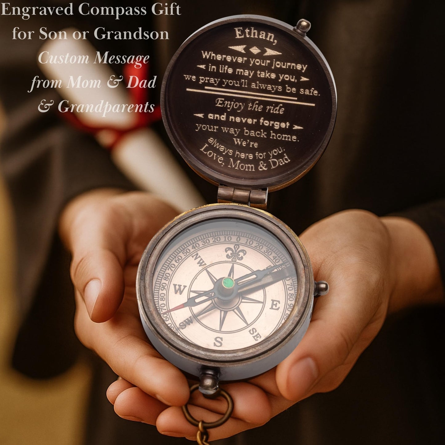 SFdizayn Engraved Compass Gift for Son or Grandson – Personalized Brass Pocket Compass – Custom Keepsake from Dad, Mom, or Grandparents – Graduation, Birthday, Christmas, or Inspirational Gift