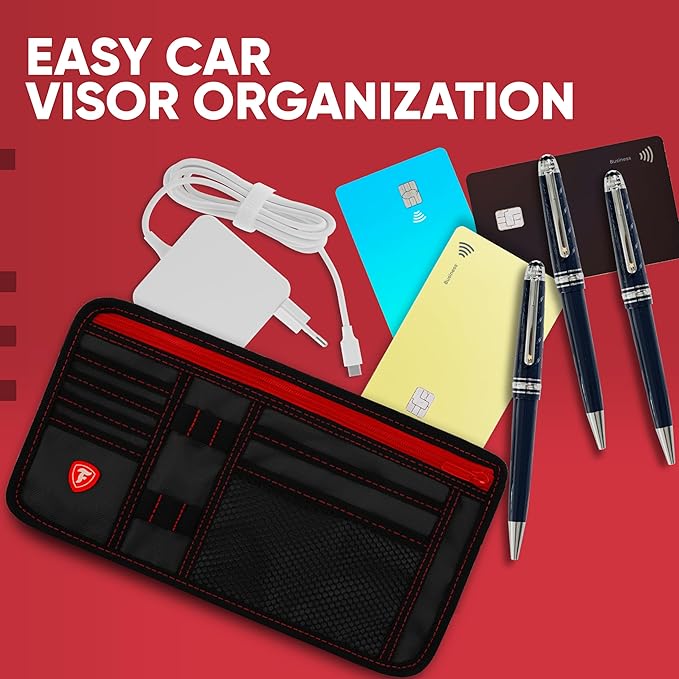 Firestone 1-Pack Car Sun Visor Organizer | 8 Compartment Car & Truck Visor Organizer with Holder & Slots for Sunglasses, License, Registration & More, Black Red