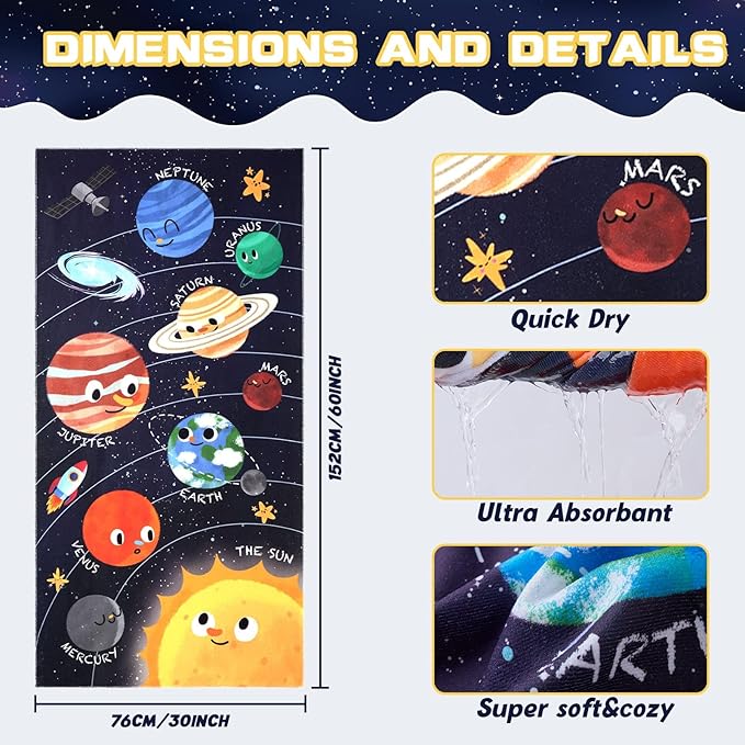 WERNNSAI Planet Kids Beach Towel for Boys - 30” x 60” Planet Sand Free Swim Towels for Boys Bath Pool Camping Travel Towel Quick Dry Ultra Absorbent Super Soft Beach Blanket Bath Shower Towel