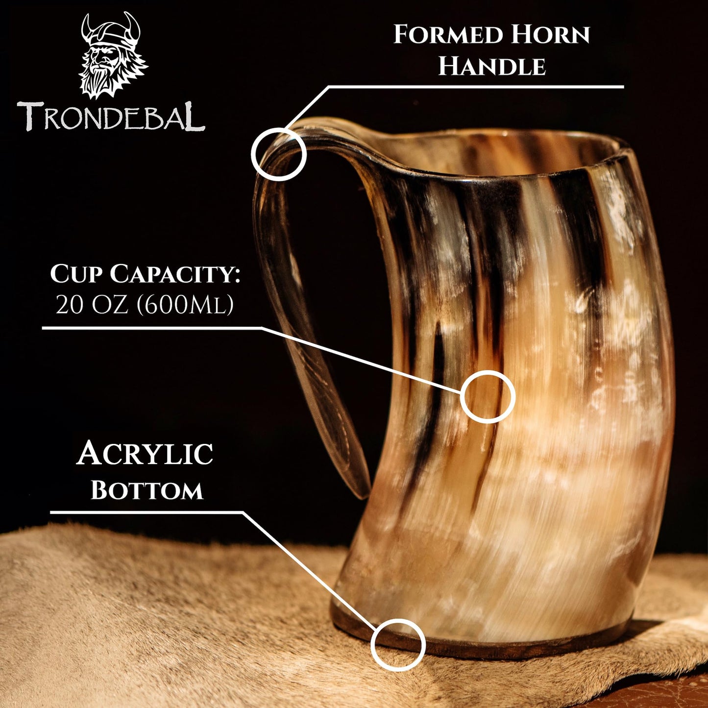 Trondebal Viking Drinking Horn Mug, 15-20 Oz Natural Ox Horn Cup & Cofee Stein | Cool Unique Gift for Men and Women, Home Decor Accessories | Shot Glasses for Beer, Ale, Whiskey, Mead