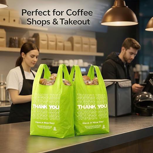 YoYoRain 100 Pack “Thank You” T-Shirt Bags – Green Plastic Shopping Bags with Handles, for Retail, Grocery, Supermarket, Takeout