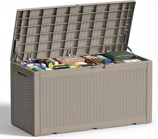 Vixzen 120 Gallon Waterproof Large Deck Box, Lockable Resin Outdoor Storage Box with Hydraulic Lid, Durable Storage Bin for Patio Furniture Cushions, Garden Tools, Pool Accessories, Gray