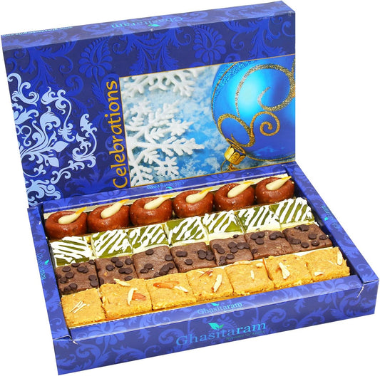 Ghasitaram Gifts Assorted Box of Kaju Chocolate, Mango Bite, Mathura Diya and Besan Barfi (400 gm)
