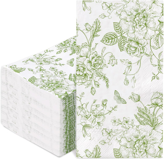 100 Pcs Floral Guest Napkins Disposable Green Wildflower Paper Napkins Green Flower Dinner Hand Towels for Bathroom Party Supplies Table Decorations