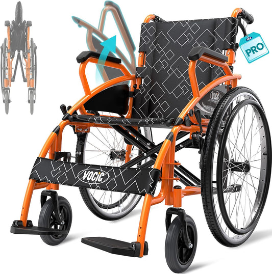 VOCIC Wheelchair for Adults Lightweight Portable Folding Wheelchair for Seniors with Flip-Back Arm Self-Propelled Wheelchair for Seniors with Double-Brake Designwith 23.6-Inch Large Rear Orange