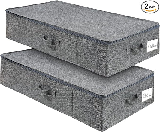 2 Pack Large Under Bed Storage Containers with Lid,Ultra Thick Underbed Clothes Storage Organizer with Sturdy Sidewalls,Foldable Under Bed Bag for Shoe,Blankets,Sweater,30x15x7 inch,Grey