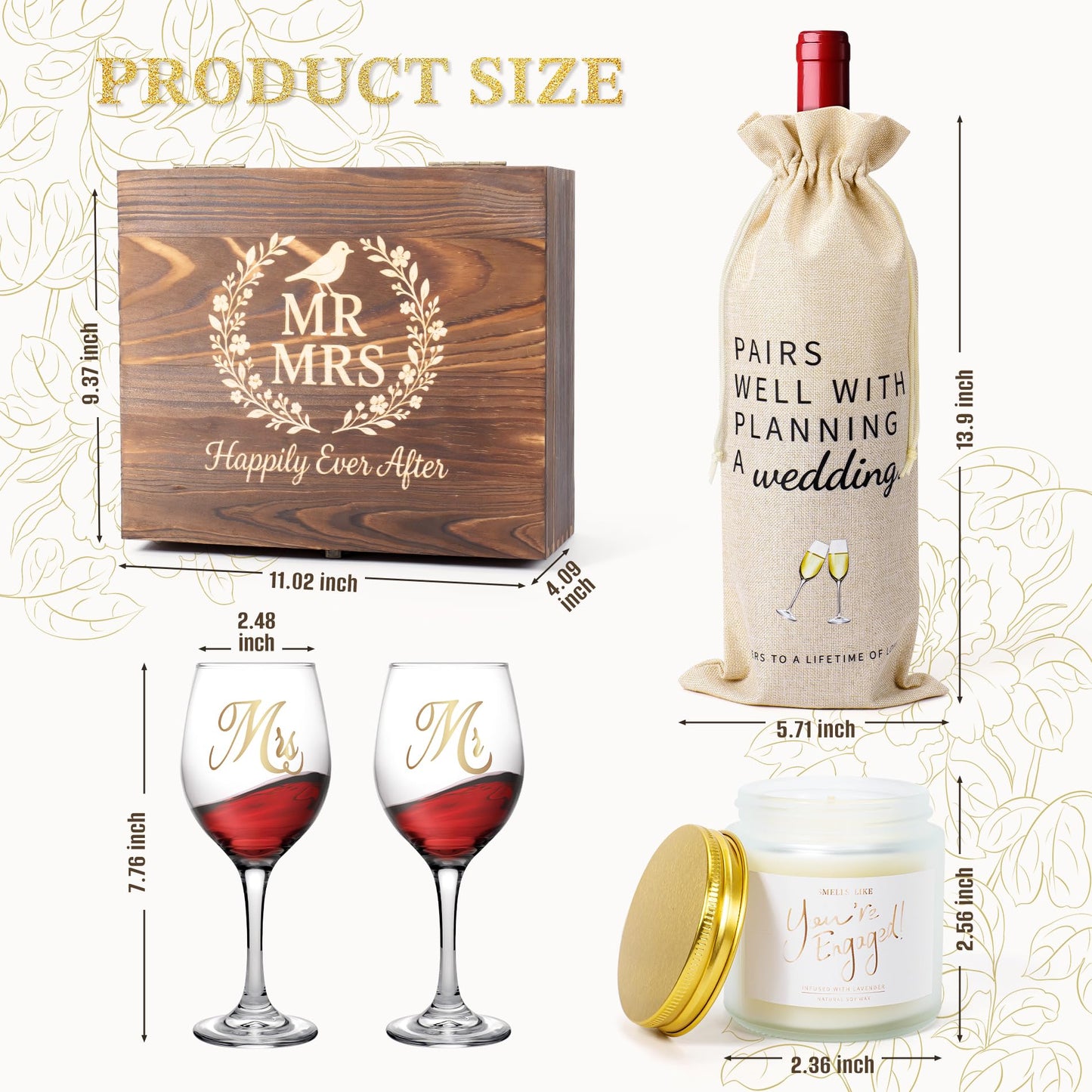 LOMEVE Mr and Mrs Engagement Gifts for Couples, Bridal Shower Gift, Wedding Gifts for Newlywed - Wine Glasses Set of 2, Wine Stopper and Opener, Wine Bag, Scented Candle, Engraved Wooden Keepsake Box