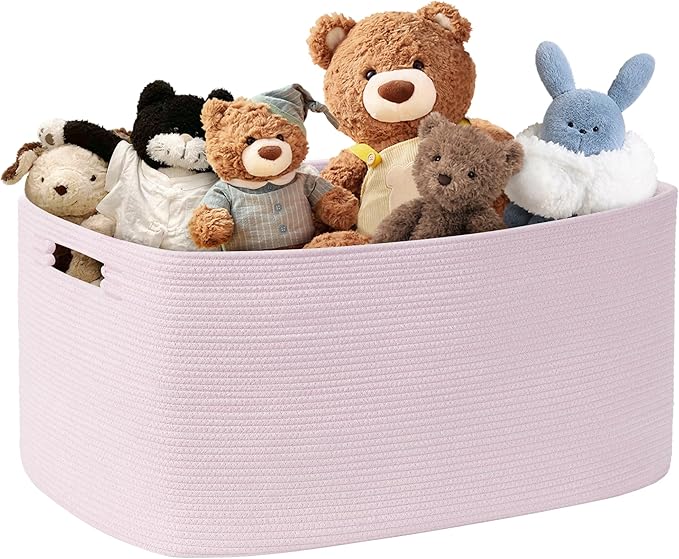 72L Large Baby Girls Laundry Basket for Nursery Storage,Cute Woven cotton Rope Baskets for Kids Toyï¼Gifts, Boho Square Wicker Blanket hamper for Living Room,Bedroom Dirty Clothes,Pink