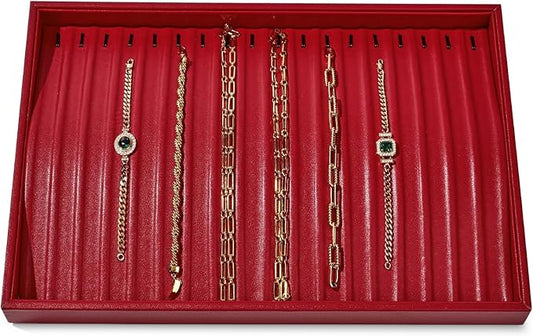 Luxury Leather Jewelry Tray Necklace Display Tray Jewelry Organizer Drawer Necklace Bracelet Holder Organizer Tray Stackable Jewelry Trays Necklace Bracelet Display Storage (Red)