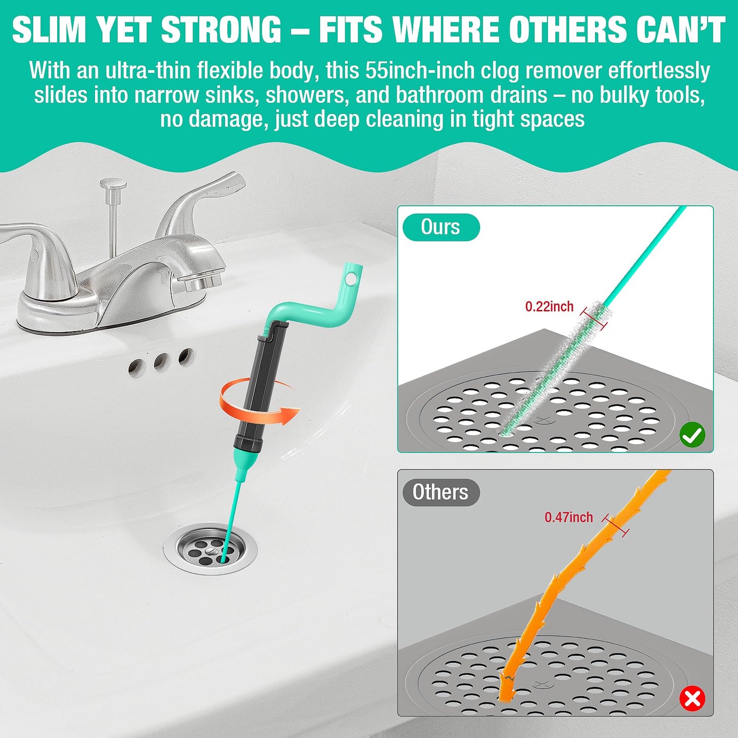 55inch Steel Core Drain Clog Remover Tool With Rotating Handle, Slim Snake Drain Hair Removal Tool For Narrow Pipes, Sinks, Showers, Toilets, Clears Hair, Blockages With Sink Drain Cleaner (5pcs)
