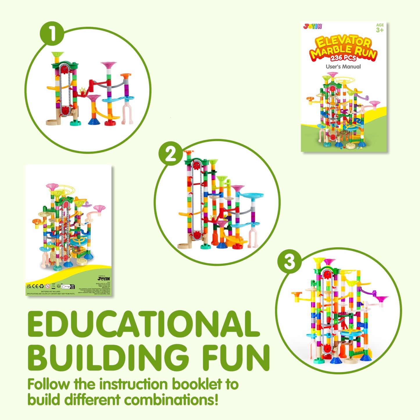 JOYIN 236Pcs Glowing Marble Run with Motorized Elevator- Construction Building Blocks Toys with 30 Glow in The Dark Plastic Marbles, Easter STEM Gifts for Boys and Girls