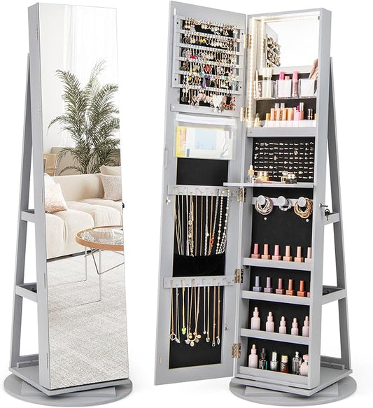 GOFLAME 360Â° Rotating Jewelry Cabinet with Full-Length Mirror, Freestanding Jewelry Armoire with 3-Color LED Light and Back Storage Shelf, Lockable Jewelry Organizer for Bedroom Cloakroom, Gray