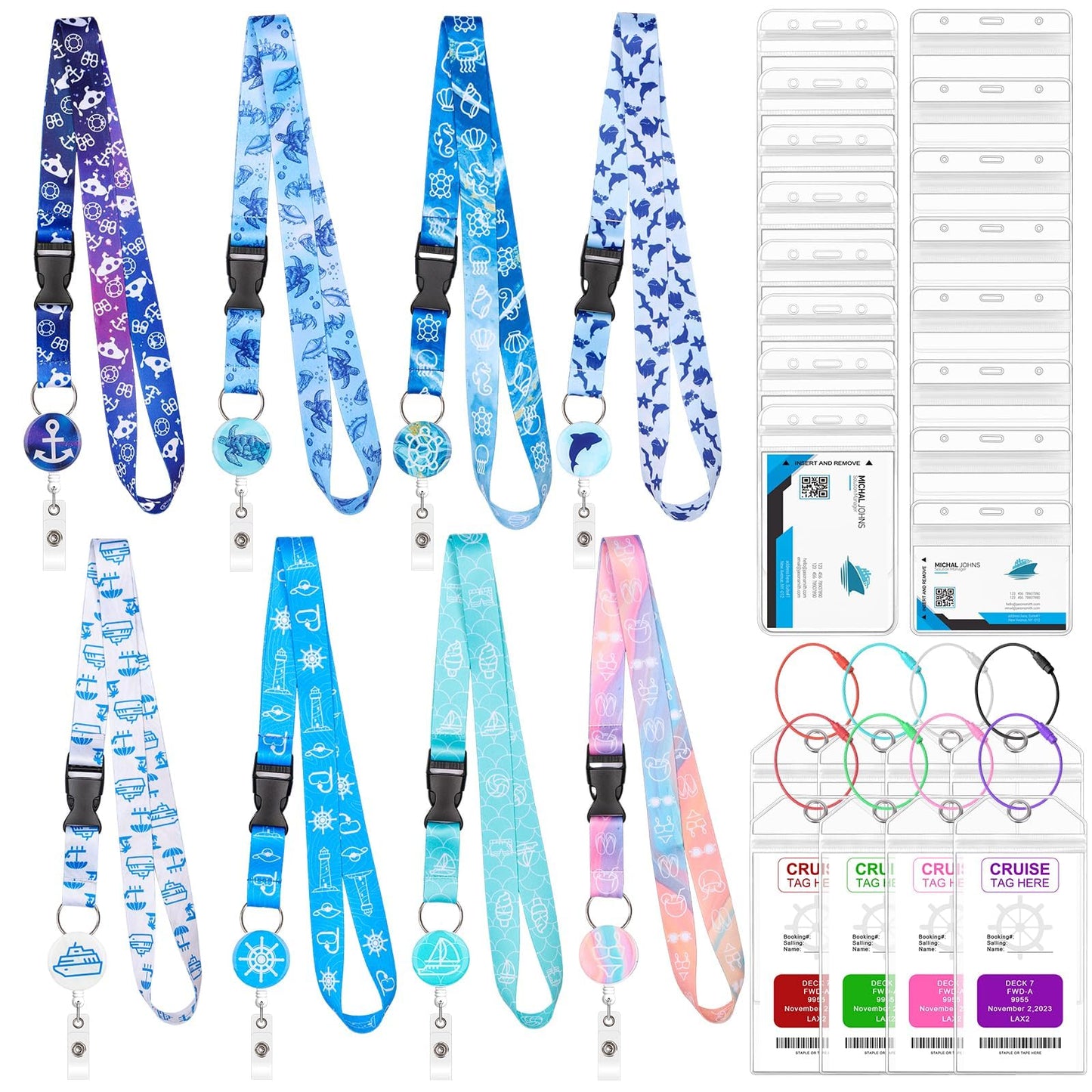8 Pack Cruise Lanyards Set for Ship Cards, with Retractable Badge Reel Waterproof Luggage Tag Holders Id Card Holders, Sea-Themes Pattern for All Cruises Ticket Key Cards Luggage Tag