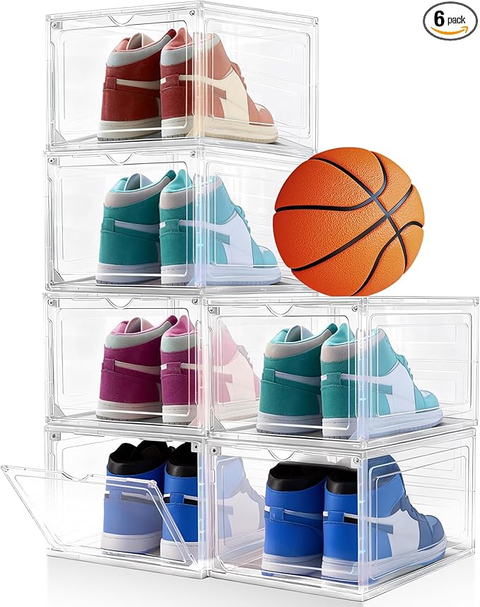 6Pack Shoe Storage Boxes, Shoe Boxes Clear Plastic Stackable, Shoes Storage Organizer with Magnetic Door, Thicken & Sturdy Shoes Organizer for Closet Sneaker Boot Container, 13.4x10.5x7.3 inch