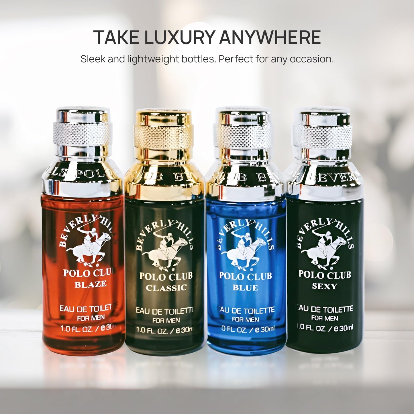 Beverly Hills Polo Club Exclusive Fragrance Collection For Men With 4 Different Fragrances, Blaze, Blue, Classic, and Sexy, 1fl oz Each (Pakaging May Vary)