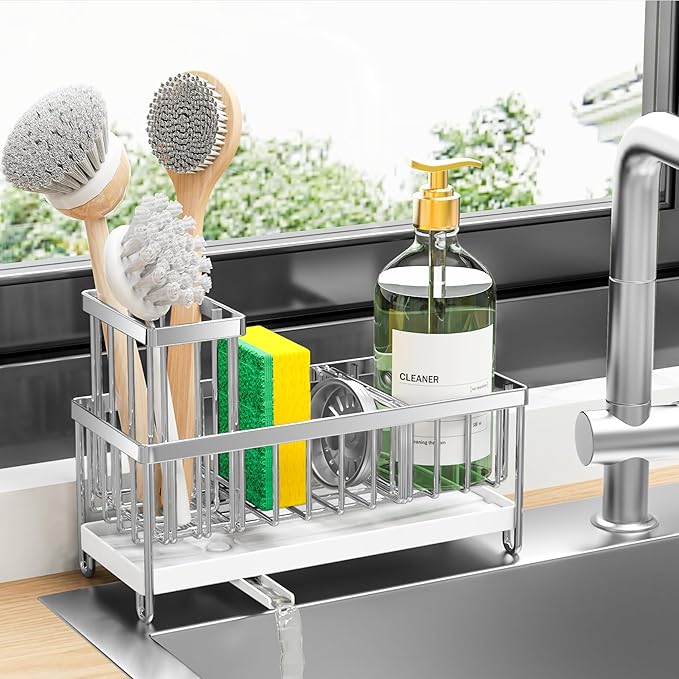 Cisily Sponge Holder for Kitchen Sink, Sink Caddy Organizer with High Brush Holder, Kitchen Countertop Organizers and Storage Essentials, Rustproof 304 Stainless Steel (Silver, 9.25â³)