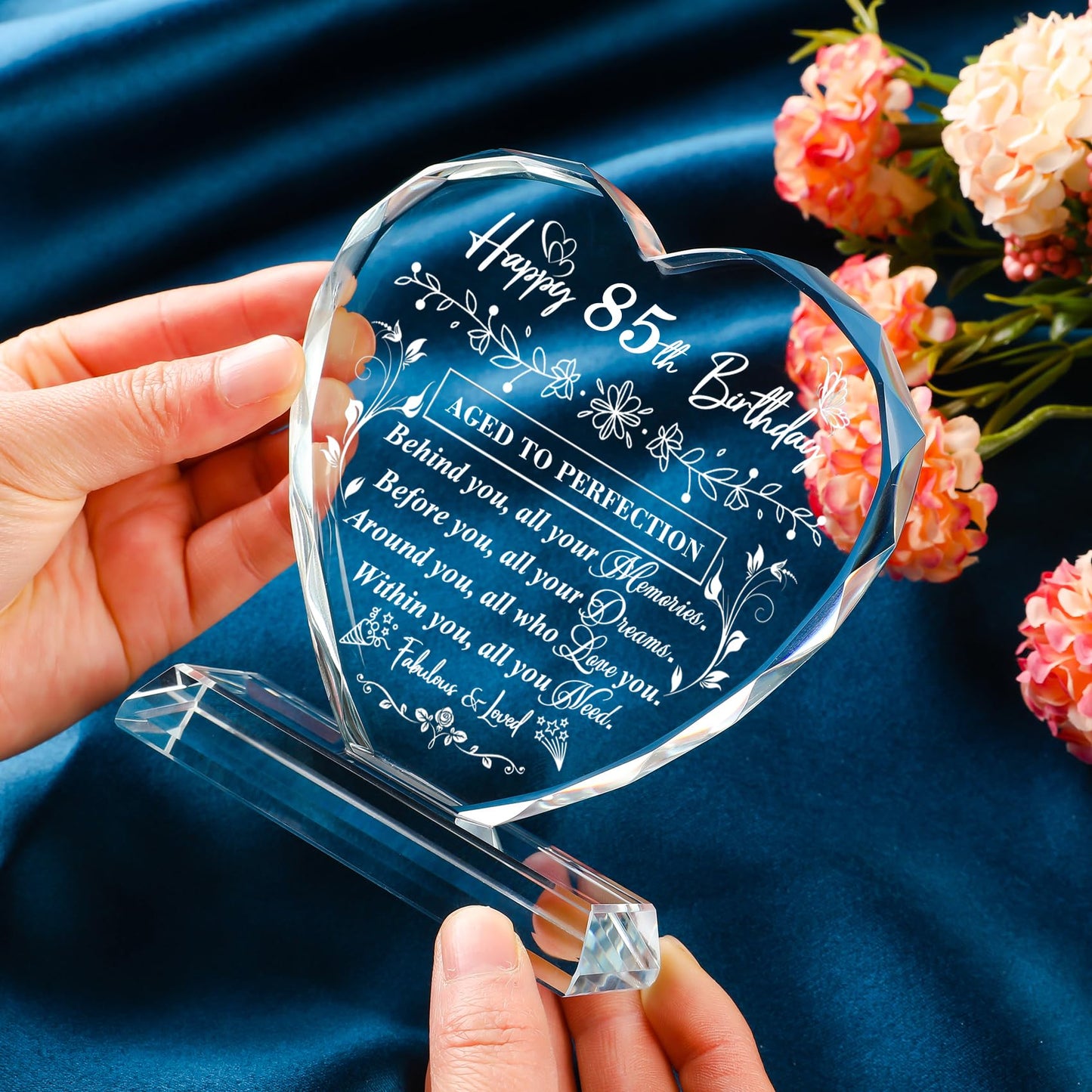 QIANRUNA 85th Birthday Gifts for Women Men, Laser Glass Heart 85th Birthday Decorations Ideas, Happy Birthday Gifts for 85 Year Old Parents Grandparents Husband Wife Mom Dad Friend