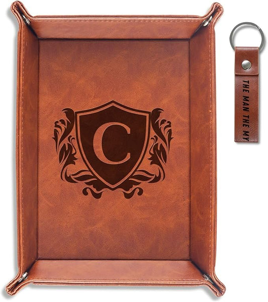 INNObeta Initial Valet Tray, Desktop Storage Organizer, PU Leather Bedside Tray Key Coin Holder, Personalised Gifts for Men, Birthday, Christmas, Letter C