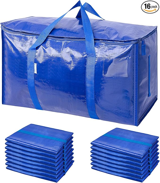 TICONN 16 Pack Extra Large Moving Bags with Zippers & Carrying Handles, Heavy-Duty Storage Tote Moving Boxes for Space Saving (16 PK, 30 Gallon)