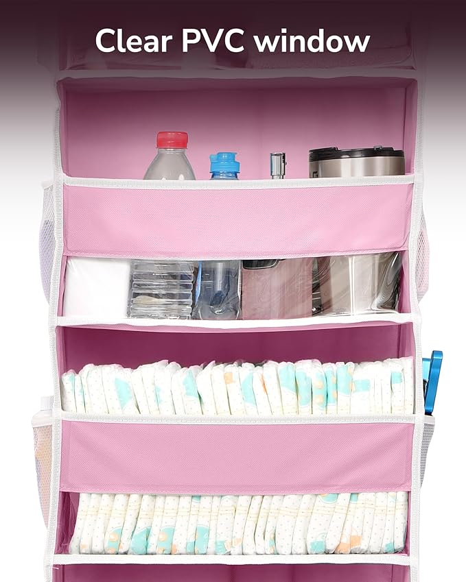 ULG 1 Pack Over Door Organizer with 5 Large Pockets 10 Mesh Side Pockets, 44 lbs Weight Capacity Hanging Storage Organizer with Clear Window Kids Toys, Shoes, Diapers, Pink
