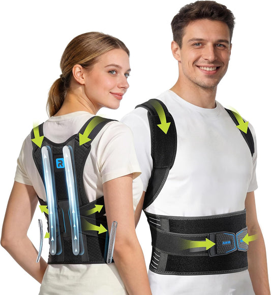 Rakiie Posture Corrector for Women Men, 4 Back Support Brace Bars, Adjustable Shoulder Straightener with Cushioned Pads for Hunchback, Round Shoulders, Back Pain Relief, Blue M