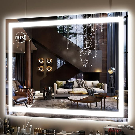 FENNIO Large Vanity Mirror with Lightsï¼38" x 28" LED Makeup Mirrorï¼Hollywood Mirror with 3 Color Modes & Adjustable Brightnessï¼Vanity Mirror Square White
