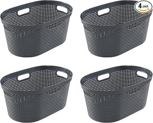 Vababa 4 Pack 40 Liter Plastic Laundry Basket with Cut-Out Handles, Gray
